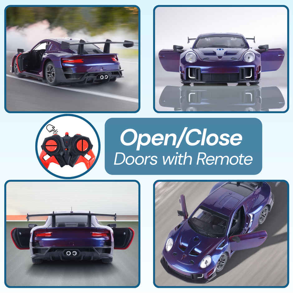 Race n Roll RC Door Opening Car | 1200mAh | 100+ft Range | Drift | Por Twin Blue