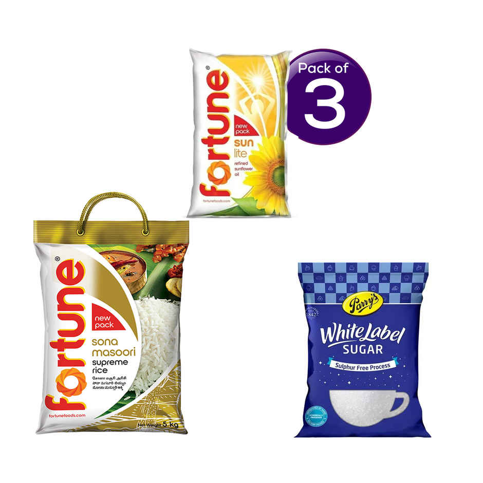 Fortune Sunlite Refined Sunflower Oil (Pouch) 1 l * 3 & Fortune Sona Masoori Supreme Rice 5 kg with 1 kg Sugar Free