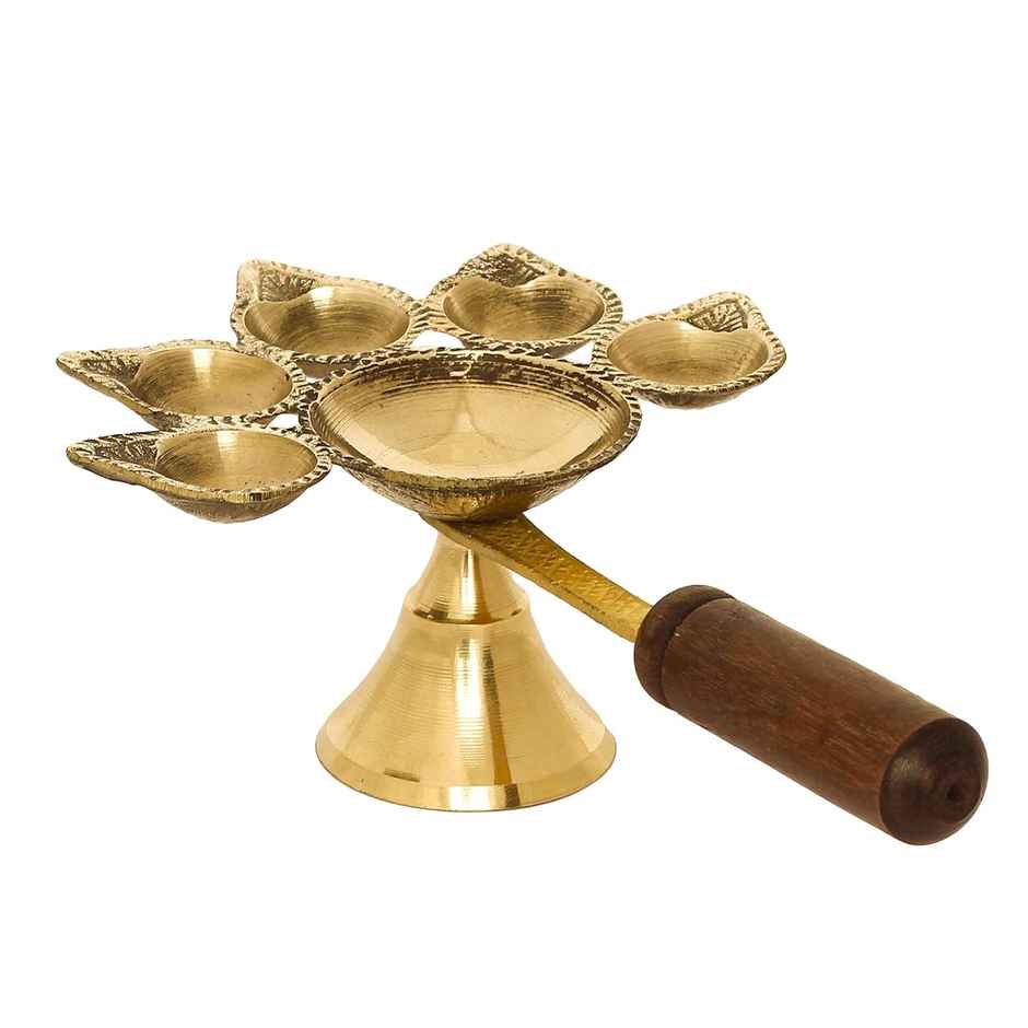 Ecraftindia Set Of 2 Golden Brass Panchdeep Diyas For 5 Cotton Wicks With Wooden Holder