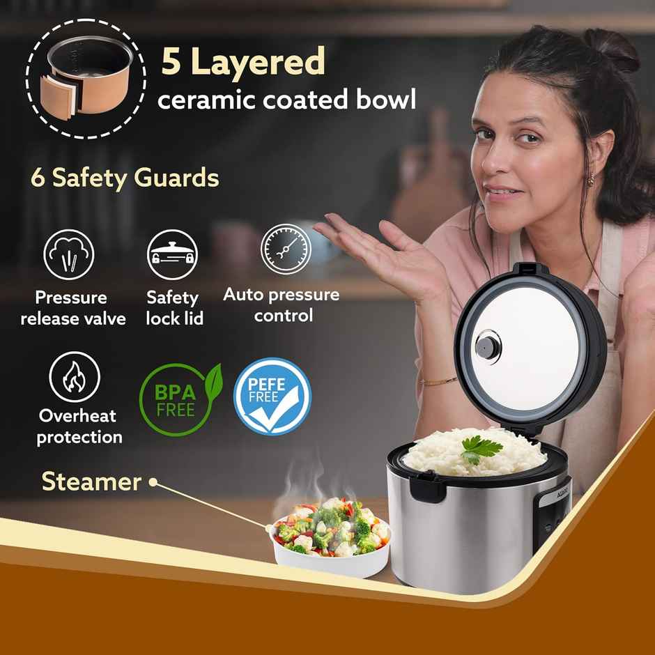 Agaro Royal Electric Rice Cooker, 5 Ltr, Steam Basket, 6 Preset Cooking, Keep Warm, Up To 1500G