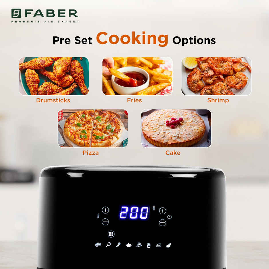 Faber 6L 1500W Digital Air Fryer | 360 Air Cooking, 8 Preset Menu, LED Display, View Window | Black