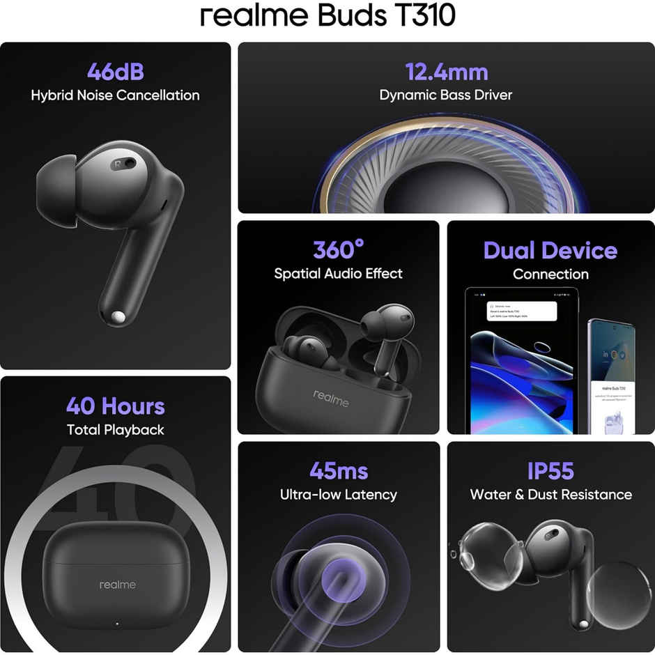 Realme Buds T310 in-Ear TWS Earbuds with 46dB Hybrid ANC, 360 Degree Spatial Audio, 12.4mm Dynamic Bass Driver, Upto 40Hrs Battery and Fast Charging - Vibrant Black