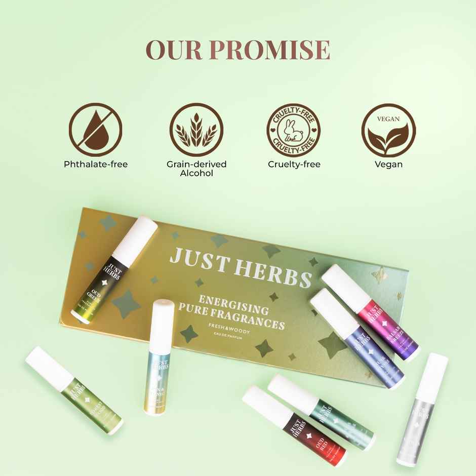 Just Herbs Energising Unisex Pure Fragrances Fresh & Woody Eau De Parfum | Set of 8