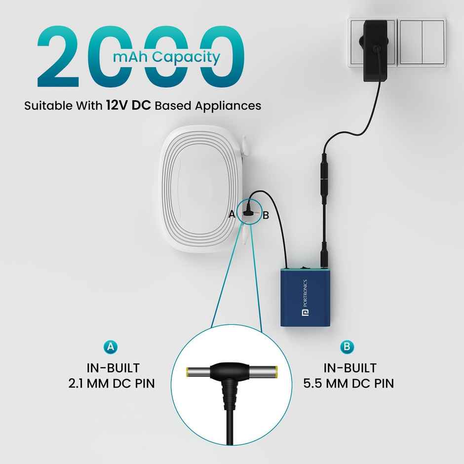 Portronics Power Plus Advanced 2000 mAh WiFi Router Power Bank, Design for 12v DC WiFi Router Blue