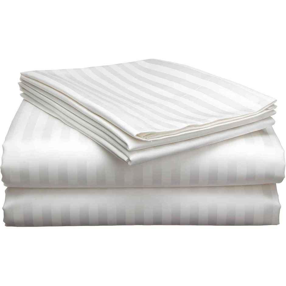 BAY6 Super King 100% Cotton 210 TC Satin Stripe Bedsheet | White | 108 x 108 in