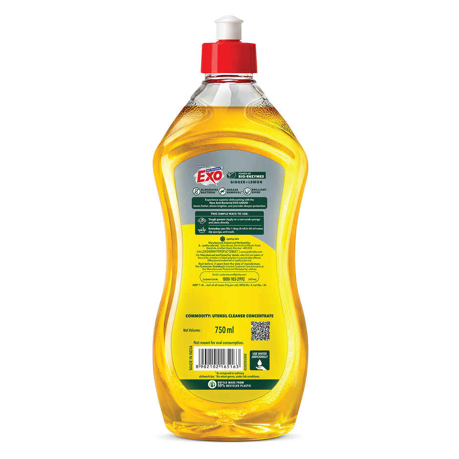 Exo Ginger & Lemon Anti Bacterial Dishwash Liquid | Tough Grease Removal with Power of Bio-Enzymes