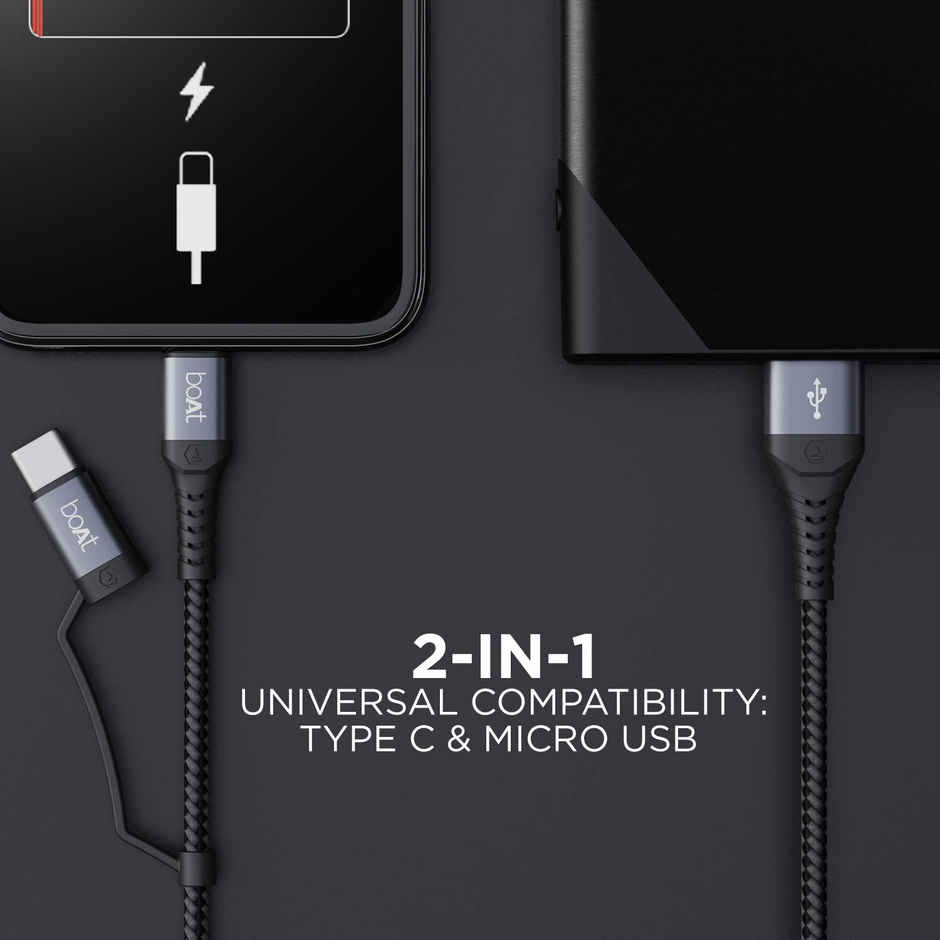 boAt USB Type C Cable 3 A 1.5 m Deuce USB 330 2-in-1 Micro and with 3A Fast Charge,480mbps  (Compatible with Android Phones, Tablets) - Mercurial Black