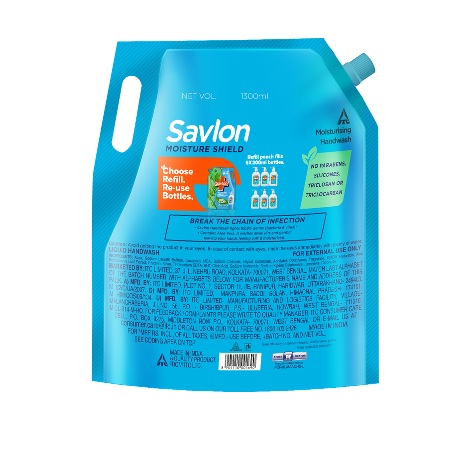 Savlon Moisture Shield Handwash Refill Pack 1.3L| For soff hands| Value Pack