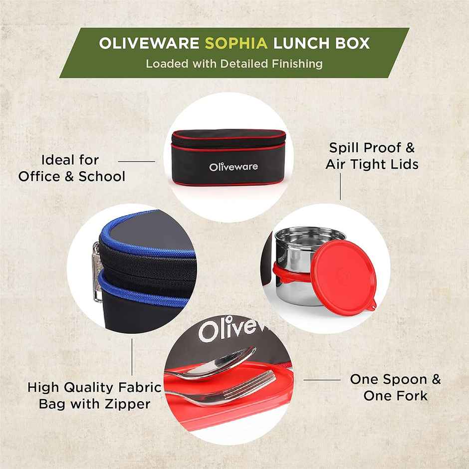 Oliveware Sophia Lunch Box, 3 Stainless Steel Container with BPA Free Lids and Steel Cutlery- Red