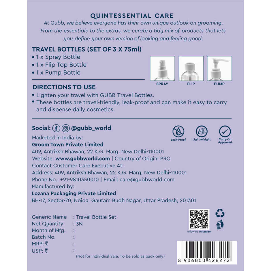 GUBB Travel Bottle Set For Toiletries Refillable Bottles With Pump Spray & Cap