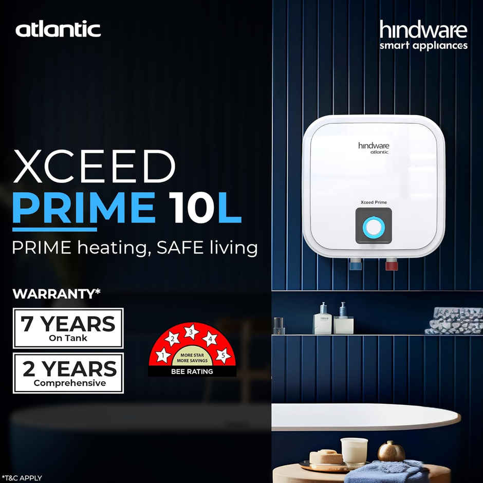 Hindware Smart Appliances Xceed Prime 10L, 2Kw, Glasslined Coated Tank, Storage Water Heater, White