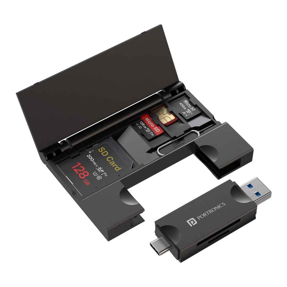Portronics Mport 30 Plus Card Reader with Storage Case for microSD & SD Cards - Black