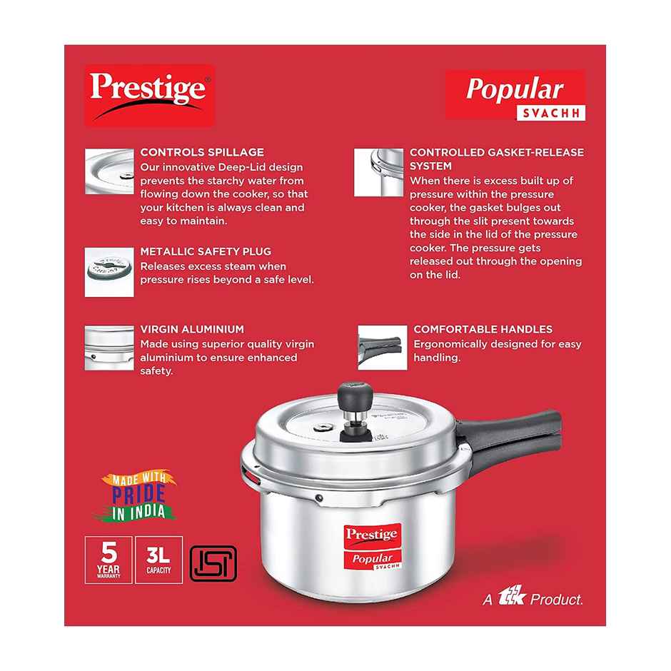 Prestige Popular Svachh Virgin Aluminium Spillage Control Pressure Cooker, 3 L (Silver)