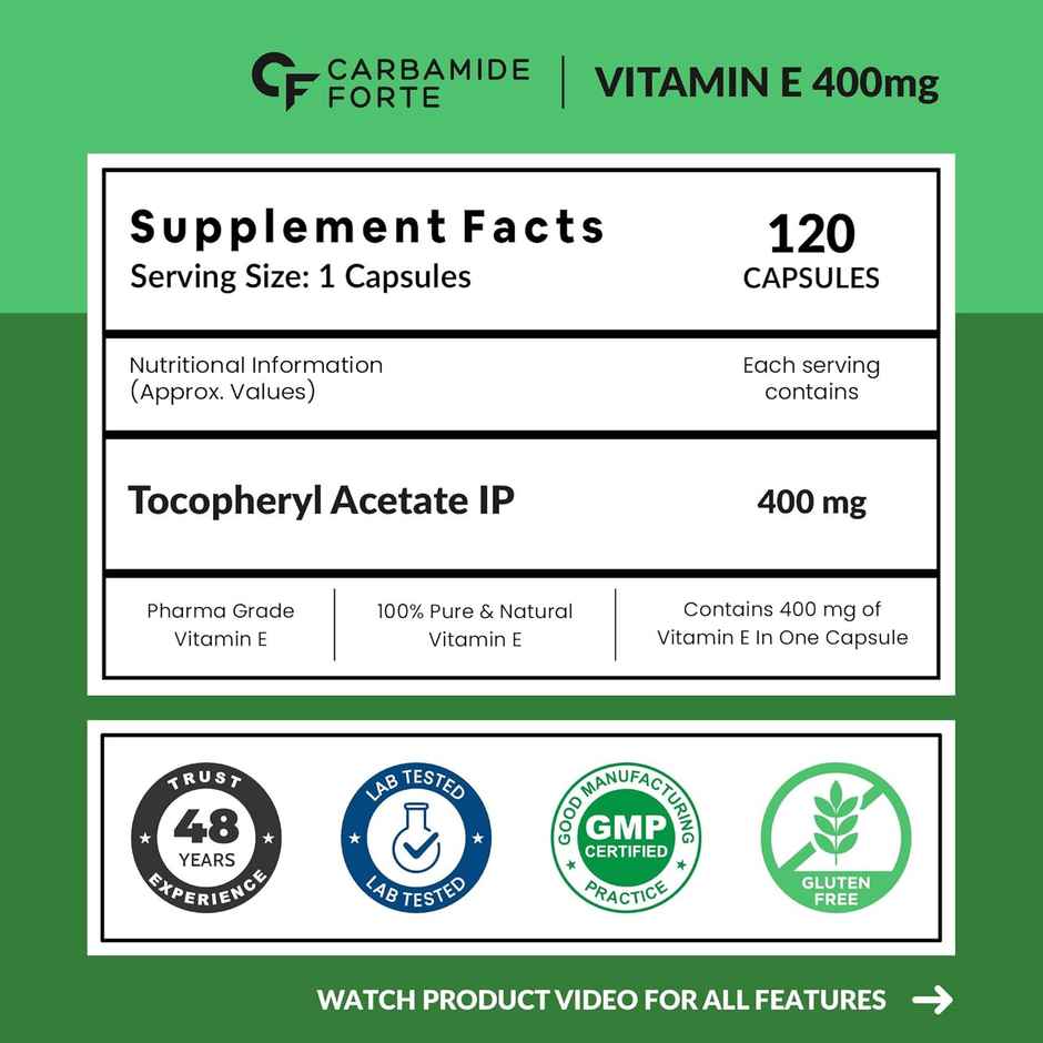 Carbamide Forte 400mg Vitamin E Capsules for Face and Hair with Vitamin E Oil- 120 Capsules