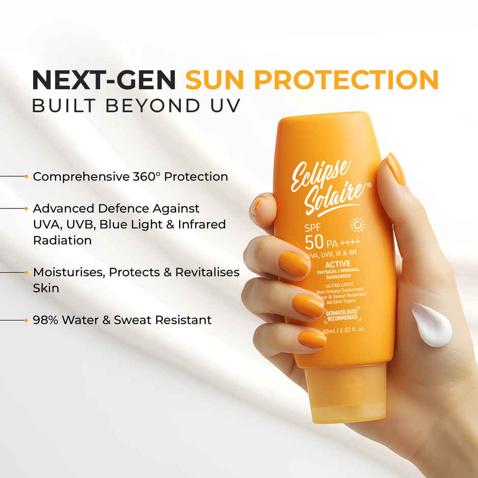 Eclipse Solaire Active Sunscreen SPF 50 PA++++ No White Cast, Non-Greasy Formula for All Skin Types