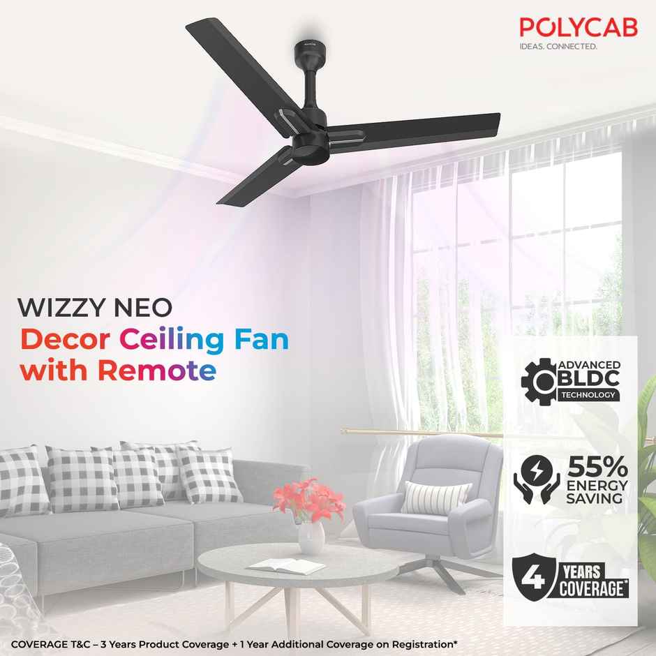 Polycab Wizzy Neo BLDC Ceiling fan,1200mm,Remote Control,5-Star,100% Copper,Black & Silver