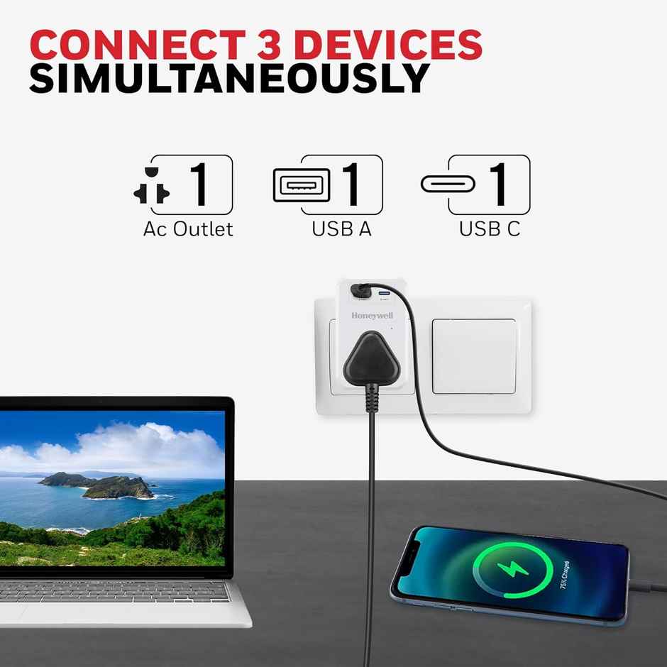 Honeywell 3 Out Surge Cube, Spike Guard, 1 Outlet, PD20W & USB A Port, 7500Amp, Charge On The Go, Device Secure Warranty, Automatic Overload Protection - White