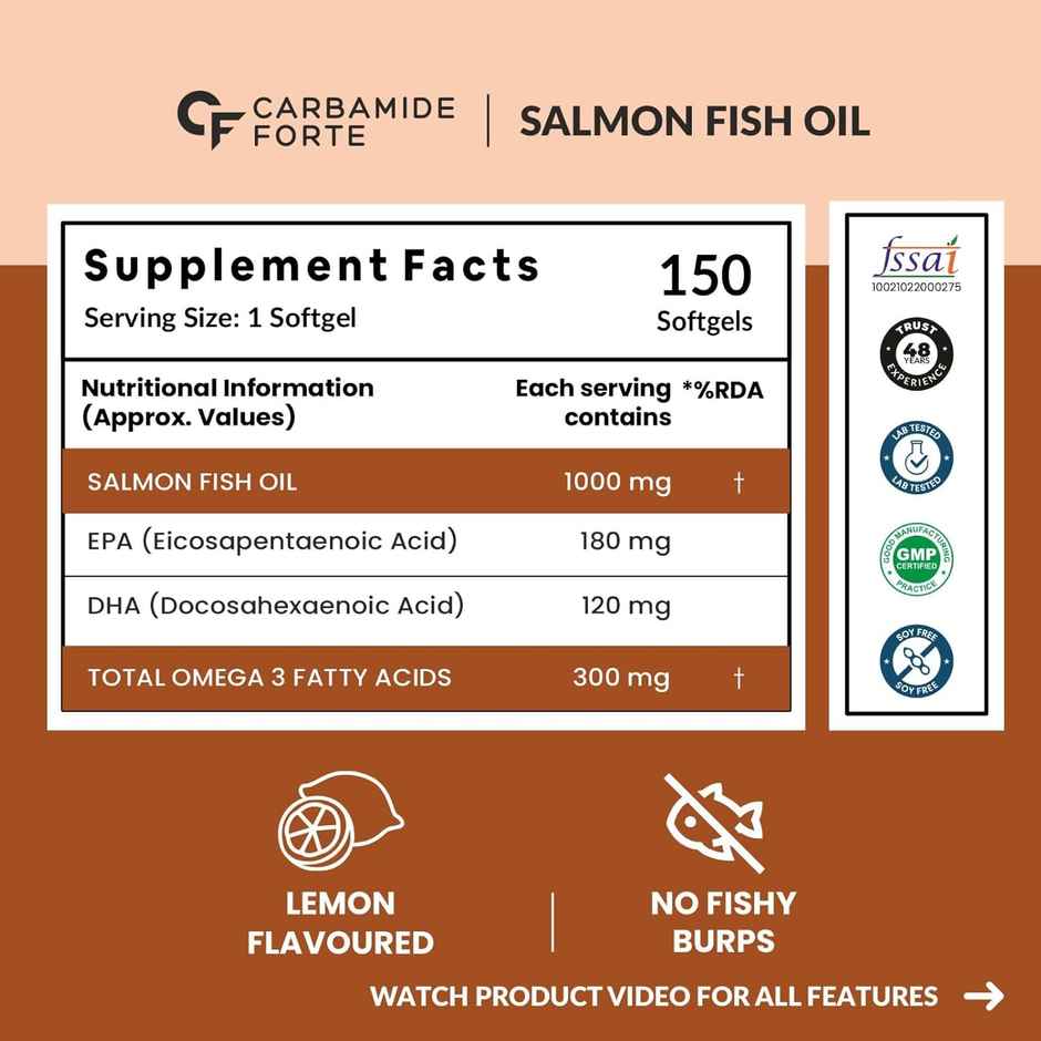 Carbamide Forte Salmon Fish Oil Omega 3 Capsule 1000 mg - Pack of 150 Softgel Capsules
