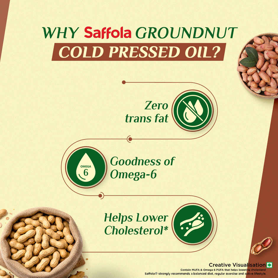 Saffola Gold Oil, Power Of 3, Pouch (910g) & Saffola Groundnut (Peanut) Cold Pressed Oil | Cold Pressed Groundnut Oil | Helps Lower Cholesterol (1L) Combo