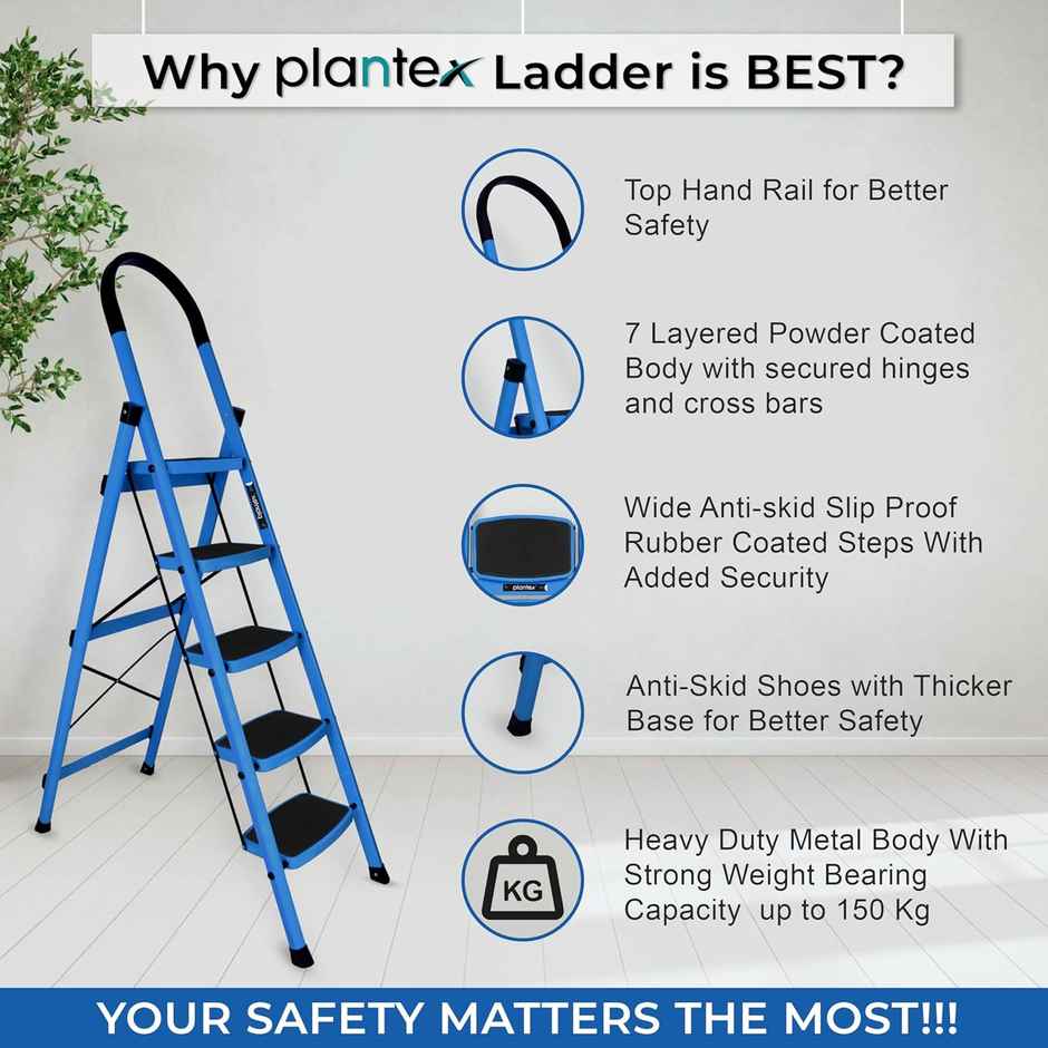 Plantex Premium Foldable 5-Step Steel Ladder for Home Use - Anti-Skid Steps, Blue and Black