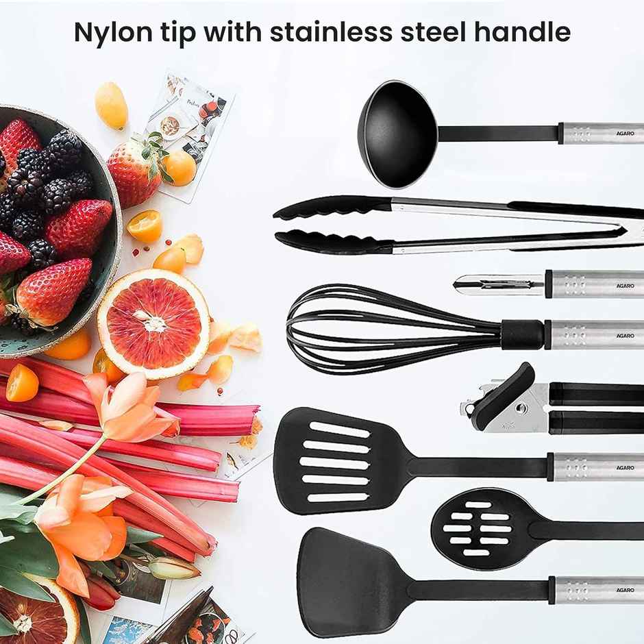 Agaro Galaxy 24 Pcs Kitchen Utensils Set, Nylon and Stainless Steel,Black