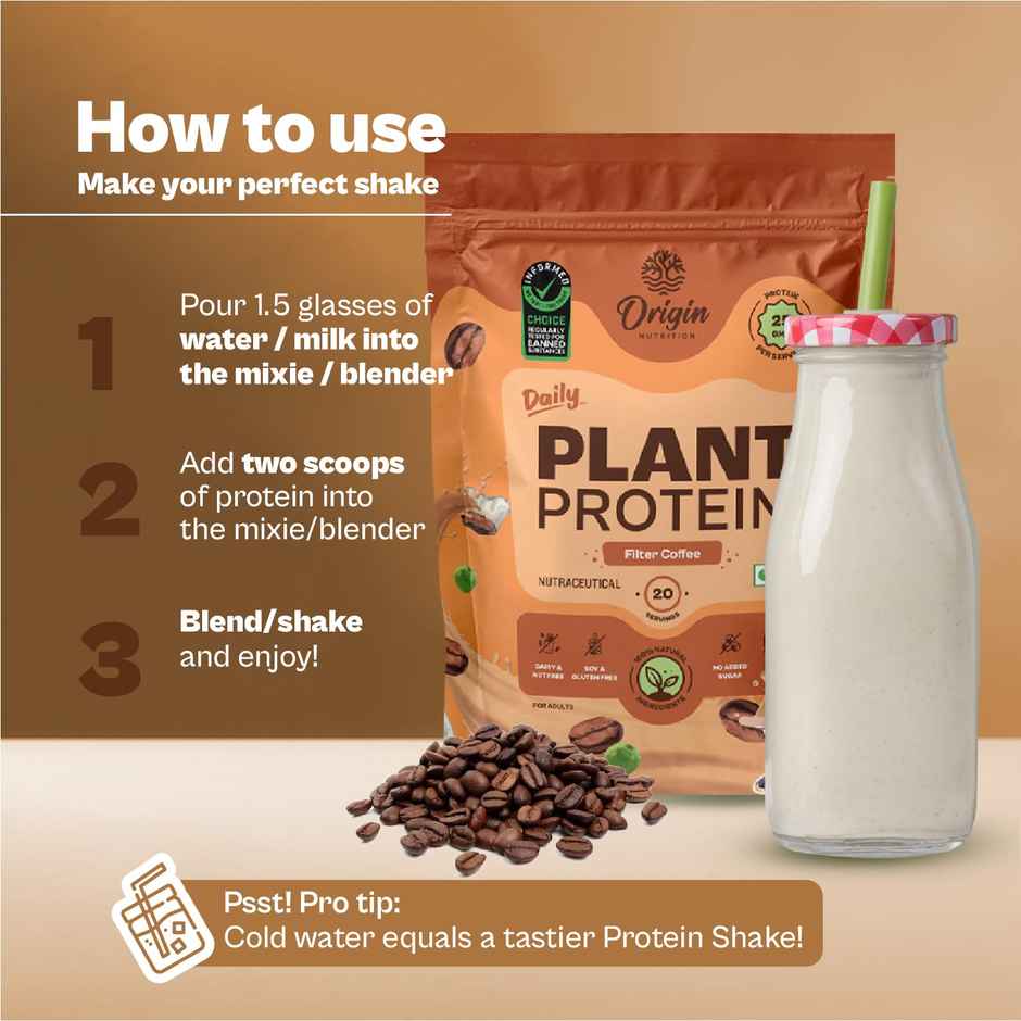 Origin Nutrition Daily Plant Protein Filter Coffee Flavour- 20 Servings