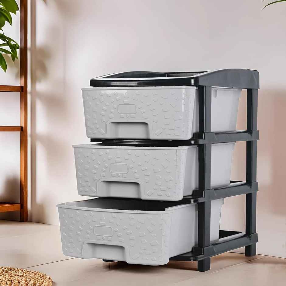 Kuber Industries Modular 3-Layer & 53 L Plastic Drawer Storage Organiser | Black & Grey