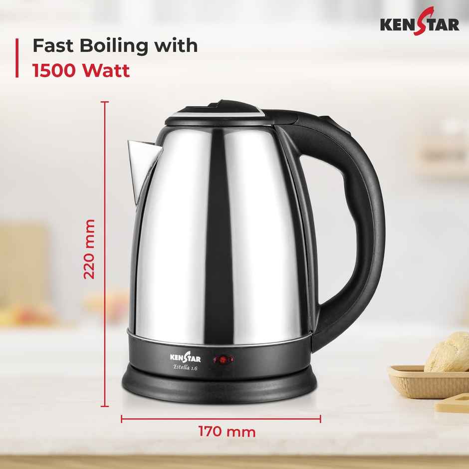 Kenstar Estella Steel Electric Kettle (KKEST16F13SR0-DKA), 1.6 L Capacity, 1350 W, 230 v, 50 hz - Silver Colour