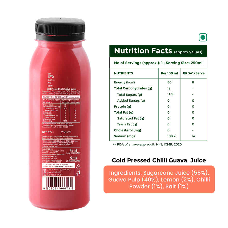 Pluckk Cold-Pressed Guava Fruit Juice | No Added Sugar | No Preservatives | Rich in Antioxidant