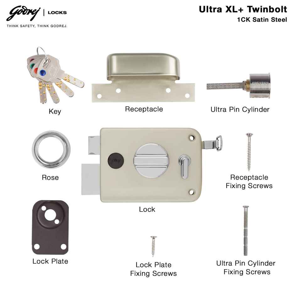 Godrej Ultra XL+ Twinbolt 1Ck Satin Nickel Alloy Steel Combination Door Lock | Silver, Pack of 1