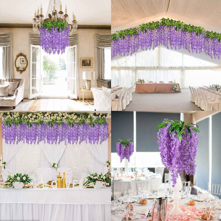 Well Art Gallery Artificial Wisteria Hanging Flowers Vines String Decorations (Pack Of 4,Purple)