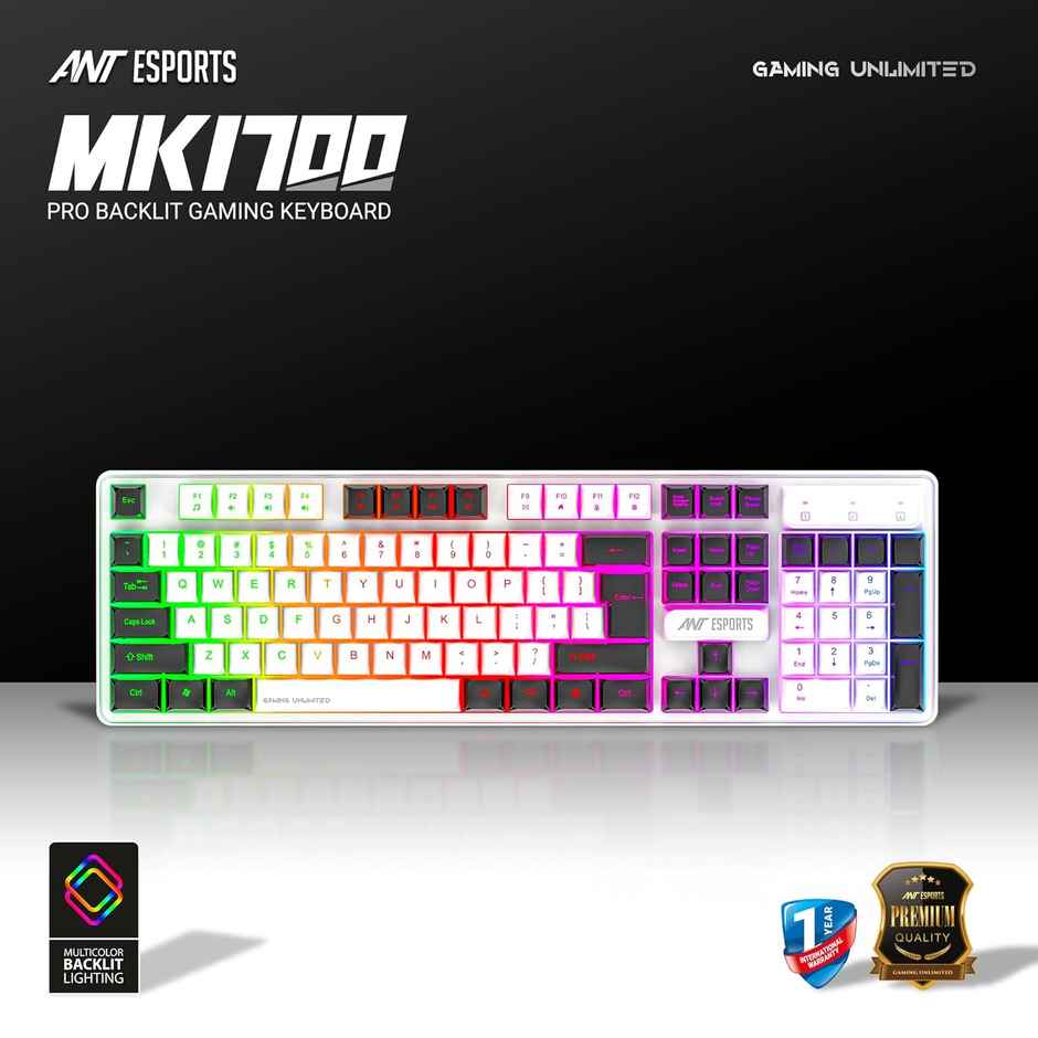 Ant Esports MK 1700 Wired Membrane Gaming Keyboard,with Backlit RGB LED, USB-A Connection, Quiet Keystrokes, 12 Multimedia Function Keys - for Computer, PC, Desktop, Gamer