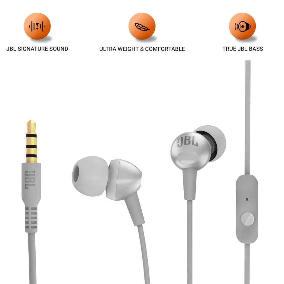 Jbl C200Si Premium In Ear Wired Earphones With Mic, One Button Multi-Function Remote | Grey