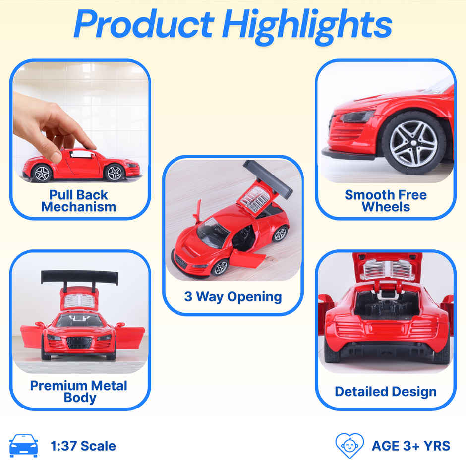 Race n Roll Premium Die-Cast Car | 3-Way Opening | Pull-Back Action | Aud Red