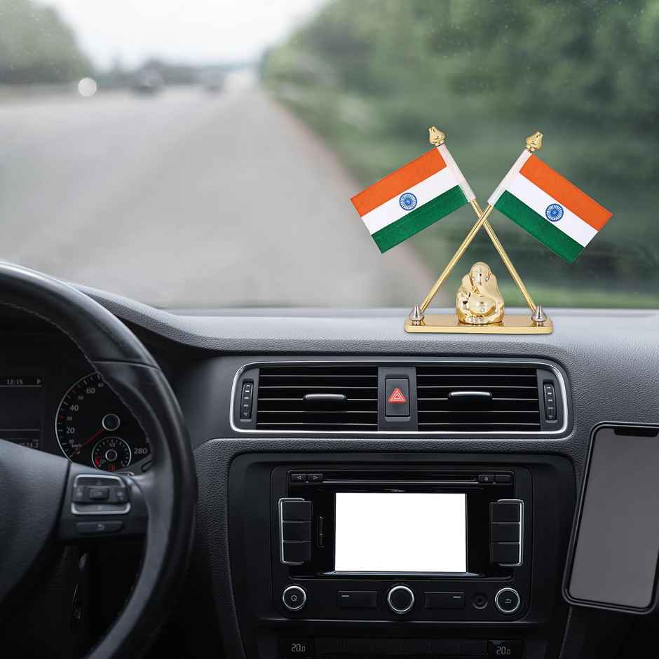 Voila Pair Indian Flag With Lord Ganesha Idol For Car Dashboard - Brass Metal Stand