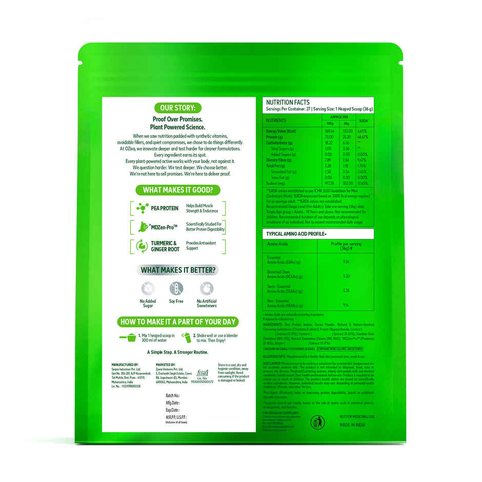 Oziva Bioactive Plant Protein Powder , 25g Protein | 5.5g Bcaa | Eaa | Sugar Free - Choclate , 1 Kg