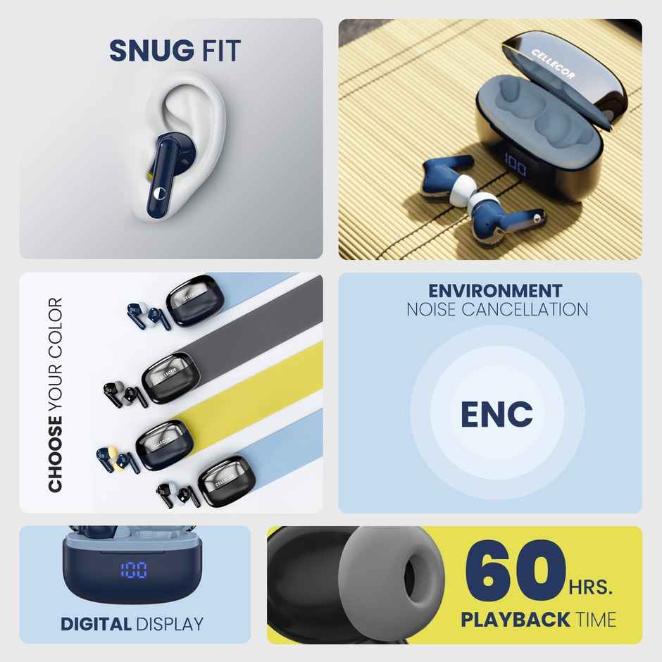 Cellecor Bropods Cb44 Ace Tws 60 Hrs Playtime Enc Low Latency Fast Charging Type-c - Blue Yellow