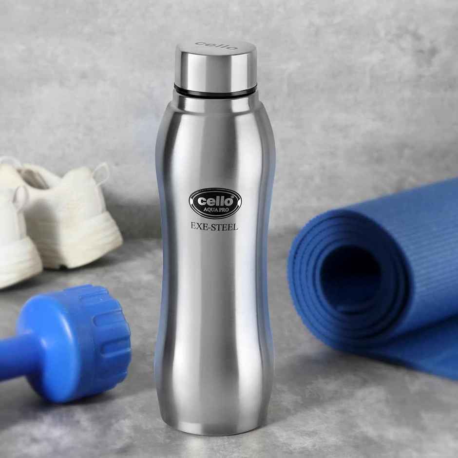 Cello Aqua Pro Stainless Steel Bottle 1 L, Silver | ISI Certified, Single Walled | Leakproof