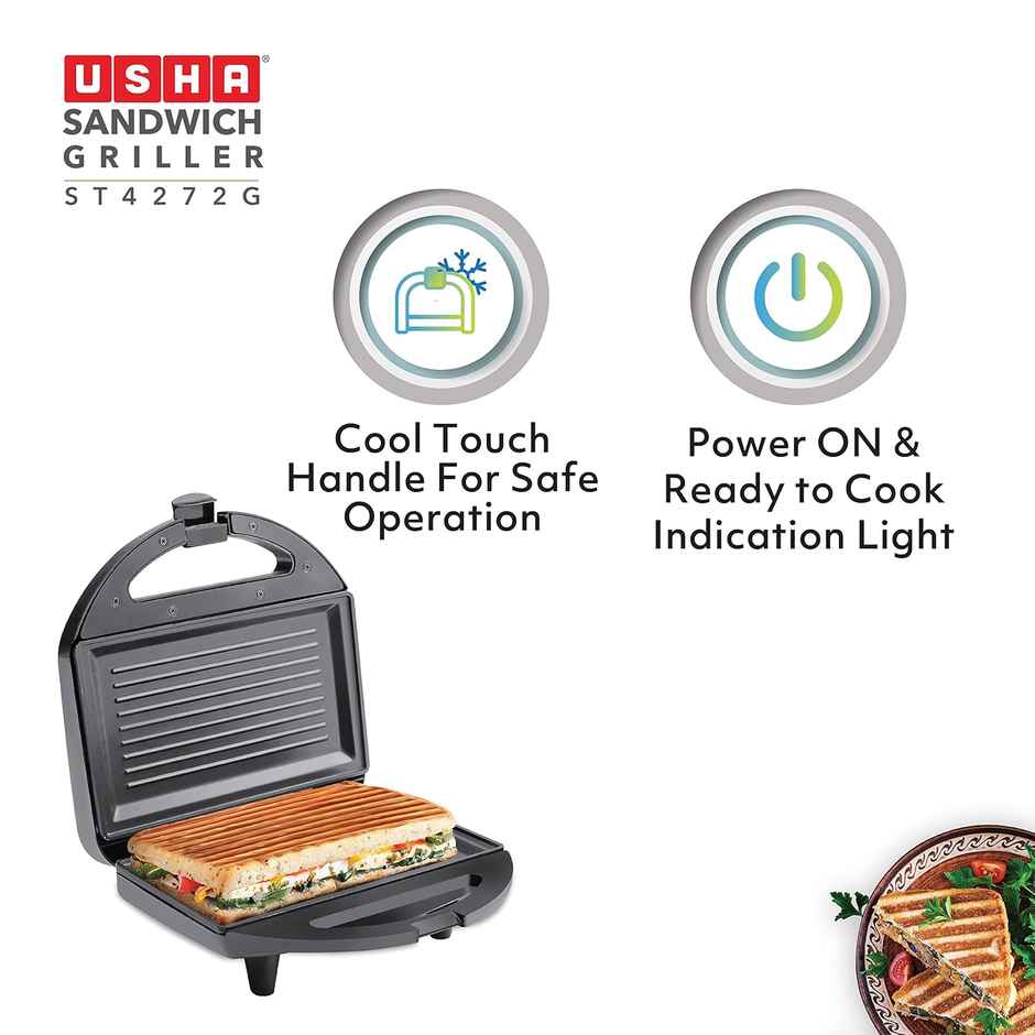 Usha Sandwich Maker Griller (750W, 4-Slices, 2 Stage Thermal Safety, Led Indicators, Black)