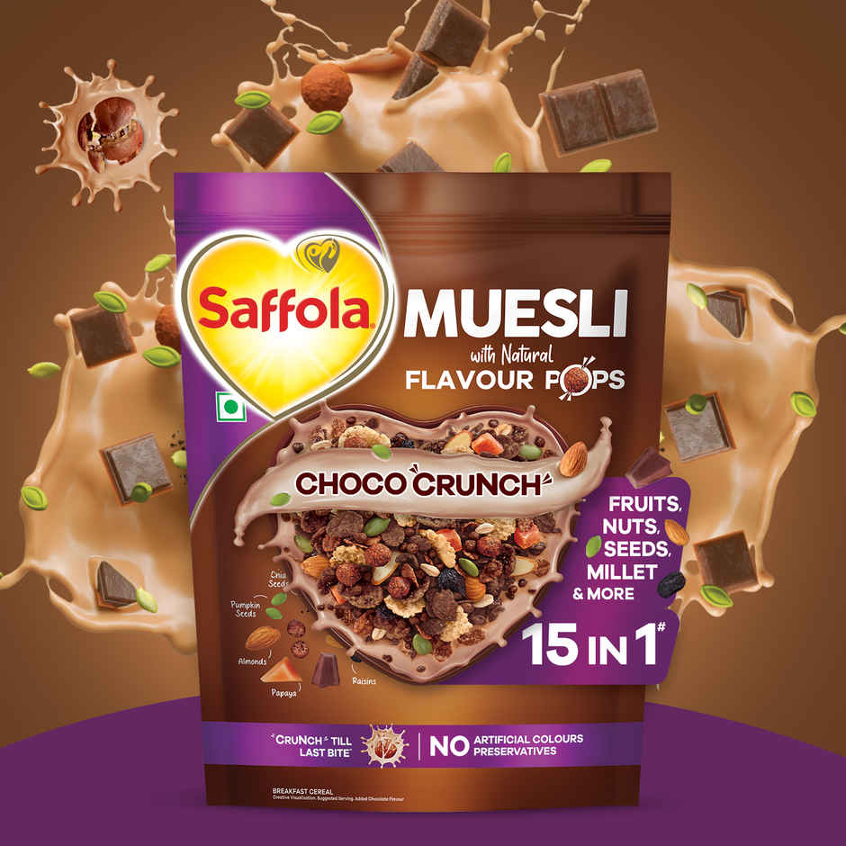 Saffola Muesli Choco Crunch With Flavour Pops, Fruits, Nuts, Seeds, Millets (15 In 1)