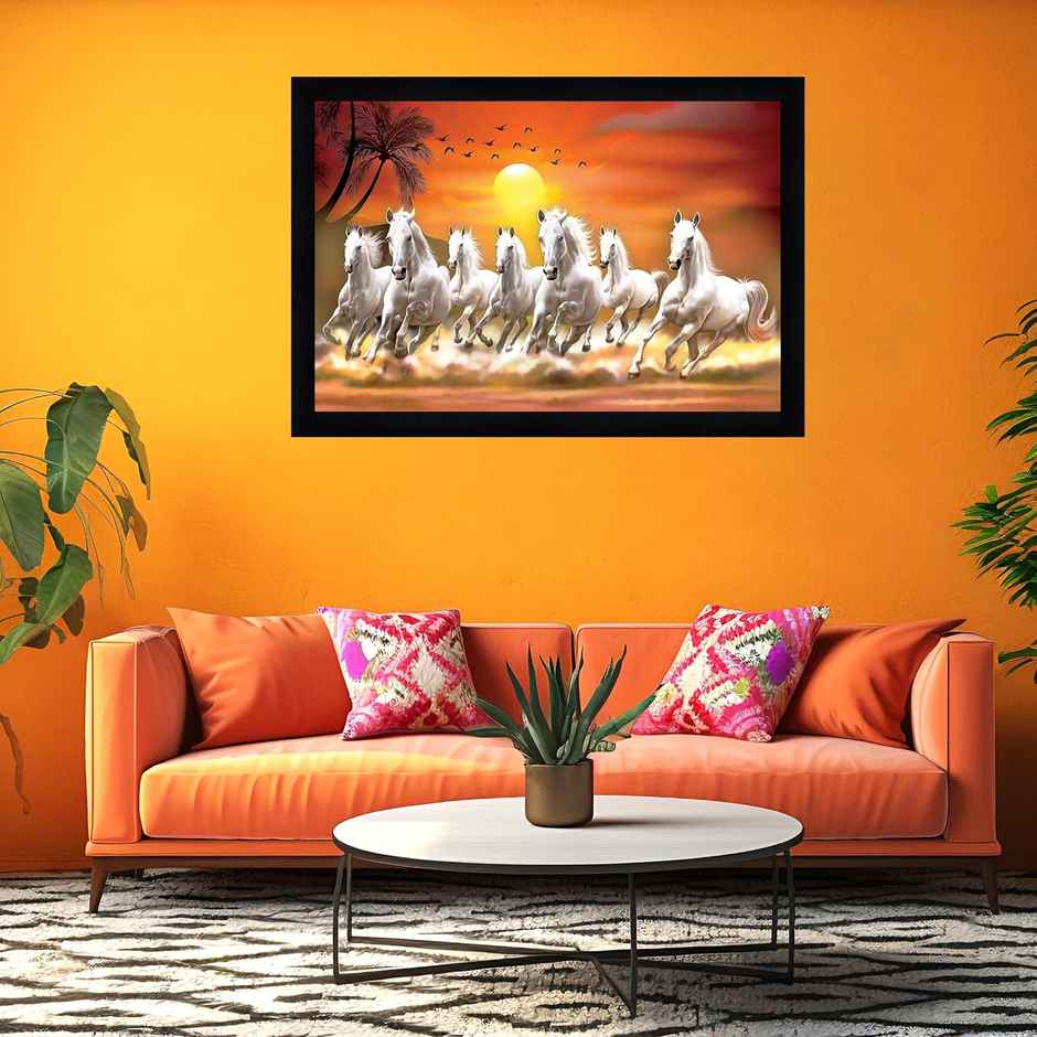 Indianara Vastu Running Seven Horse Painting With Frame 20 x 14 inch - L