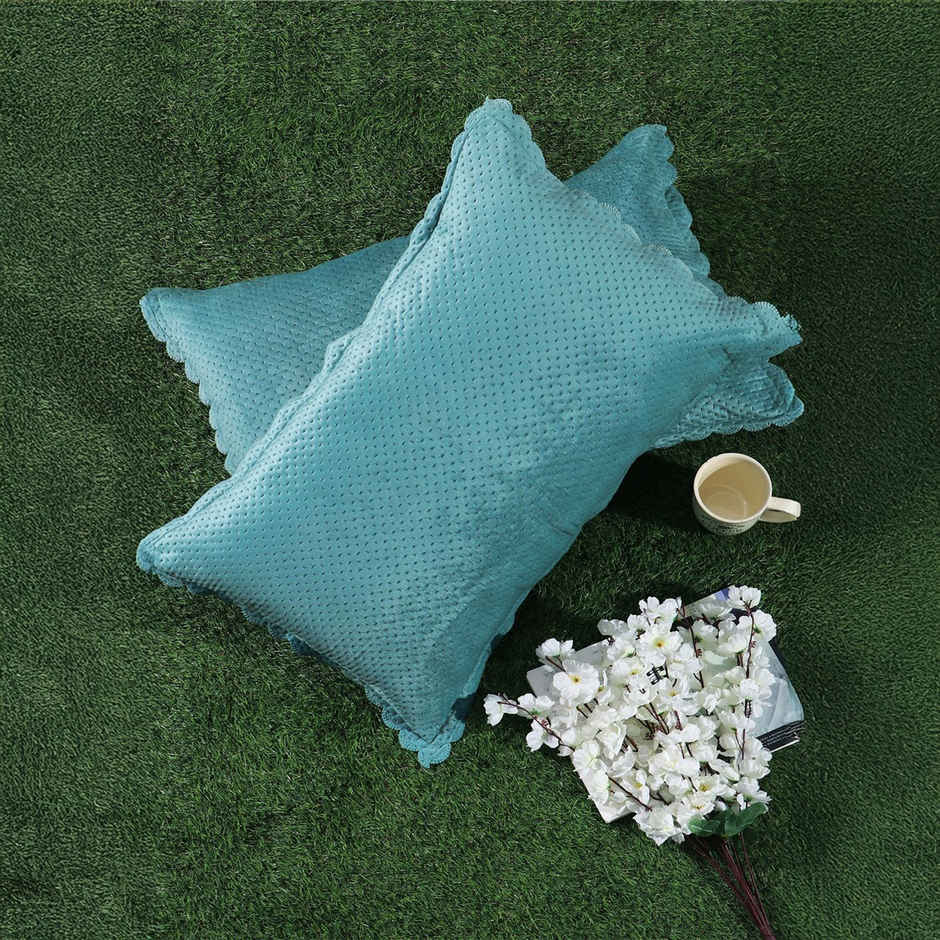 Hosta Homes Velvet Fabric Laser Cut Aqua Pillow Cover Pack of 2