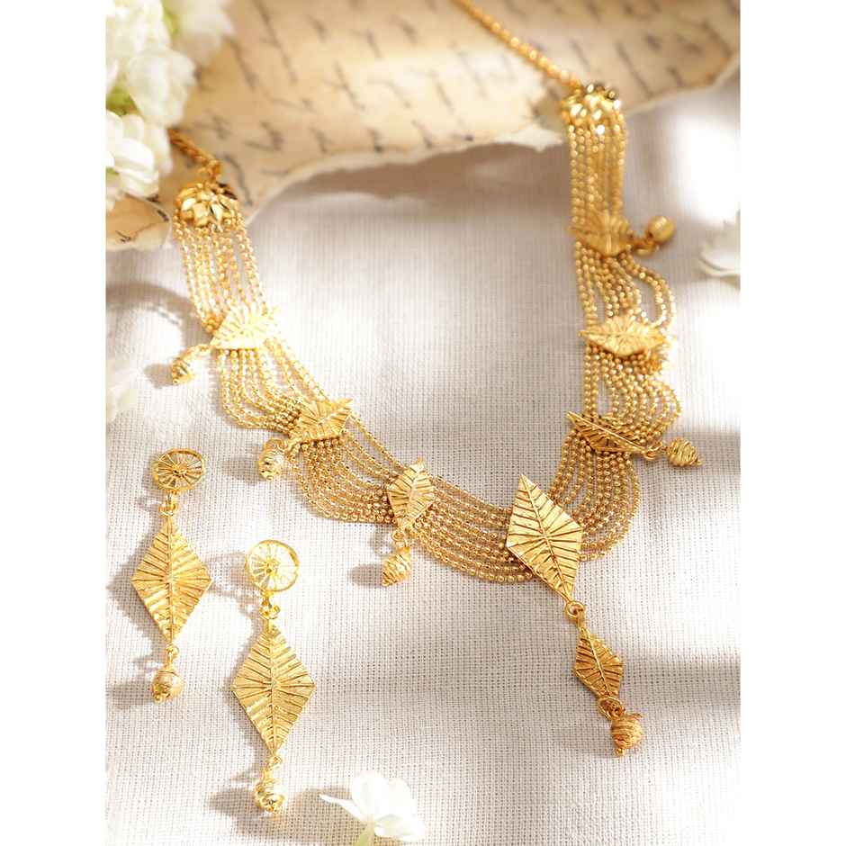 Rubans 22K Gold-Plated Multi-Strand Necklace Set with Leaf Motifs and Matching Drop Earrings