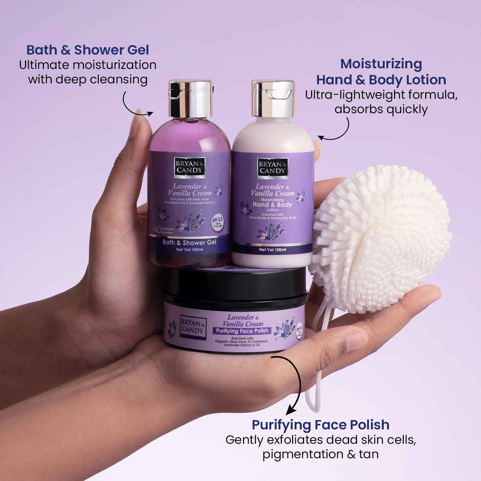 Bryan & Candy Lavender Heart Kit Combo|Shower Gel|Hand-Body Lotion|Body Polish|Loofah|Pack Of 3