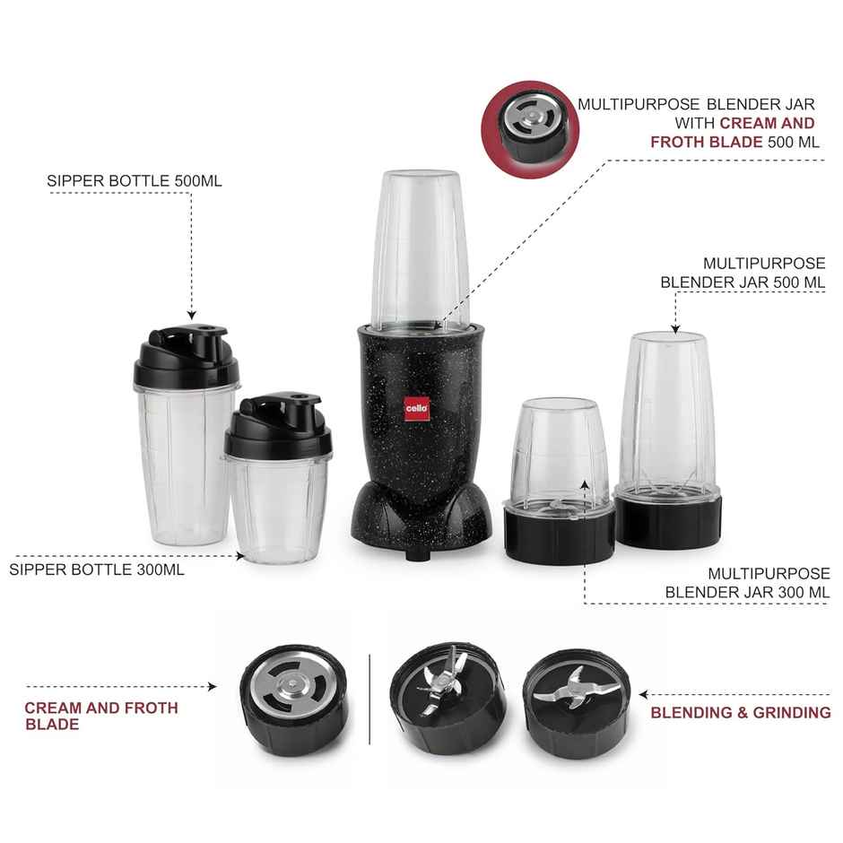 Cello Frutomix Nutriblend Pro Max Set Of 6, Black, 3 Multipurpose Jar & 2 Sipper Bottle, 500W