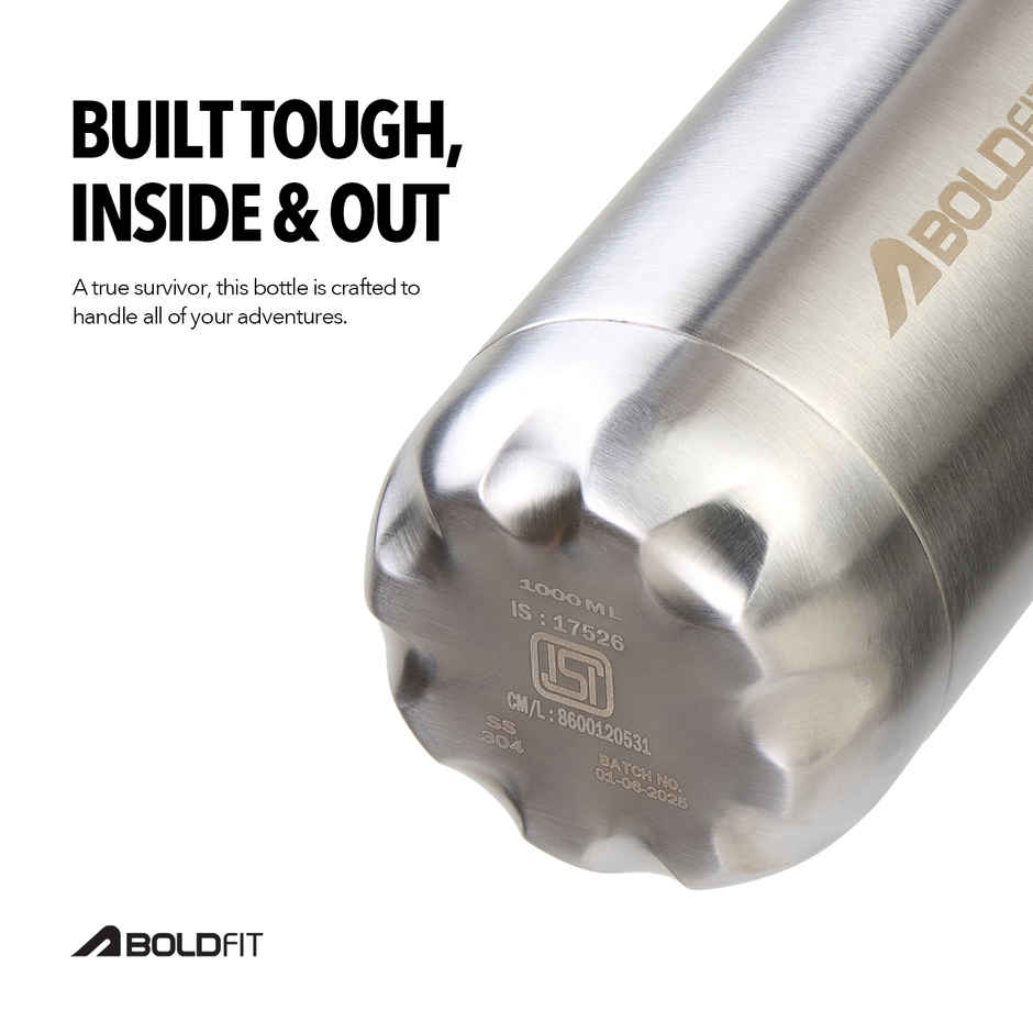 Boldfit Silver Thermosteel Water Bottle | Hot & Cold Flask for Office, Home & Travel | 1 L