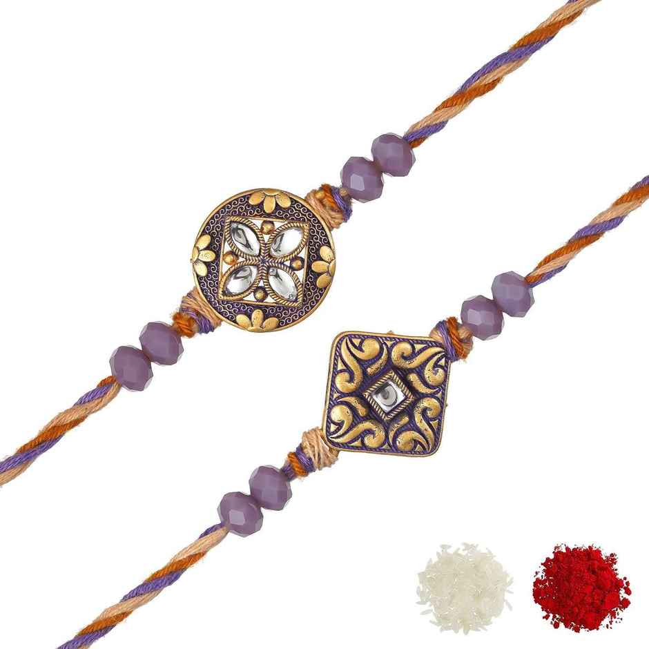 Stone Purple and Golden Precious Stone Designer Rakhis & Roli Chawal Pack (eCraftIndia) Set of 2