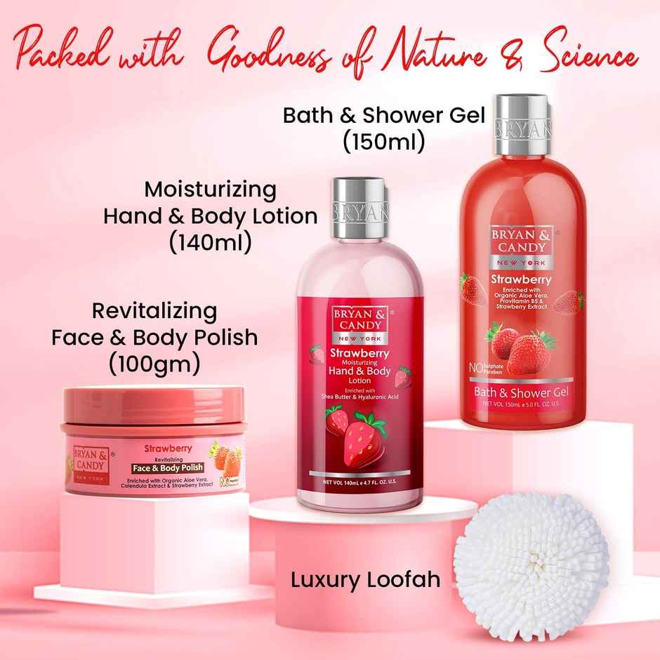 Bryan & Candy Strawberry Heart Kit Combo|Shower Gel|Hand-Body Lotion|Body Polish|Loofah|Pack Of 3