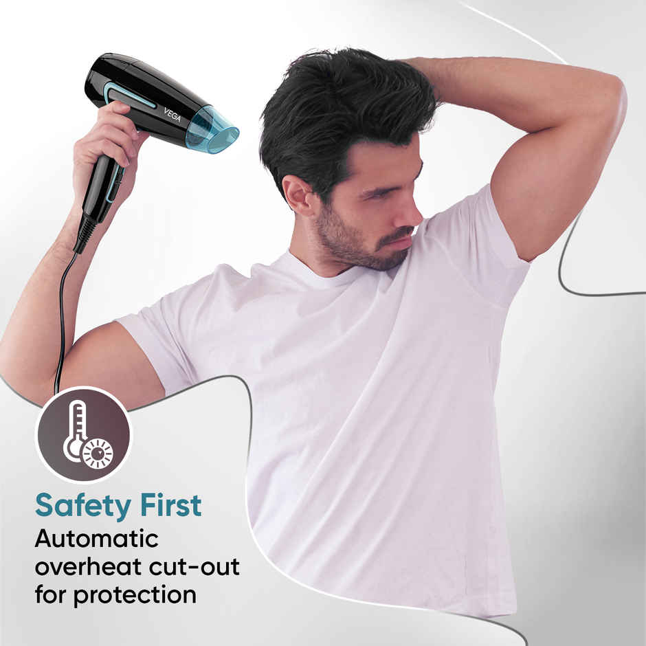 Vega U Style 1400-1600W Foldable Hair Dryer with Cool Shot Button, 2 Speed/Heat Settings, (VHDH-24), With 16 A Plug