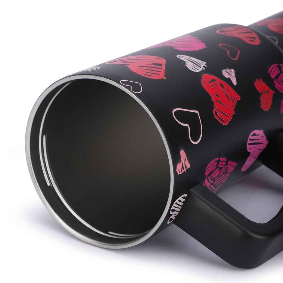 House of Quirk Stainless Steel Tumbler with Handle & Lid, 2 Straws | Black Heart - 1200 ml